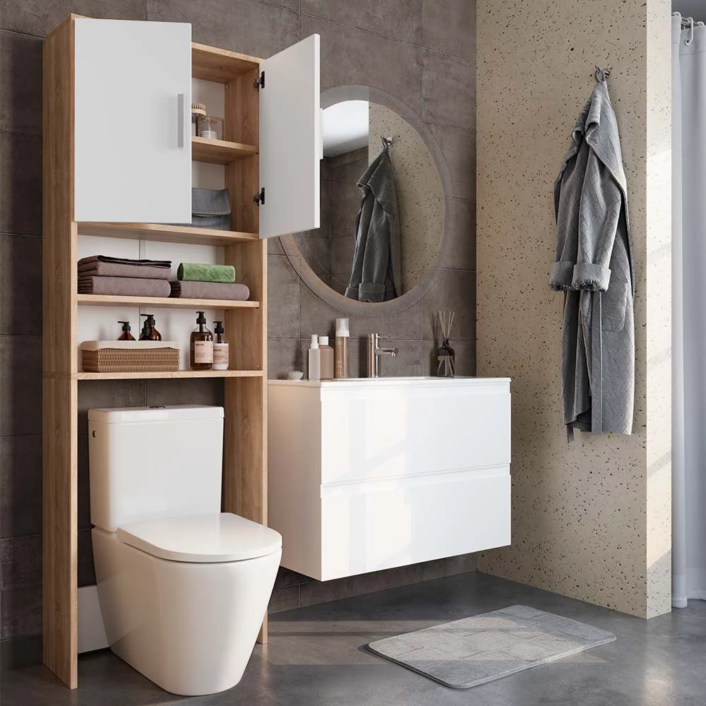 Vicco Toilettenschrank Sonoma/Weiß 64 x 190 cm mit 2 Türen