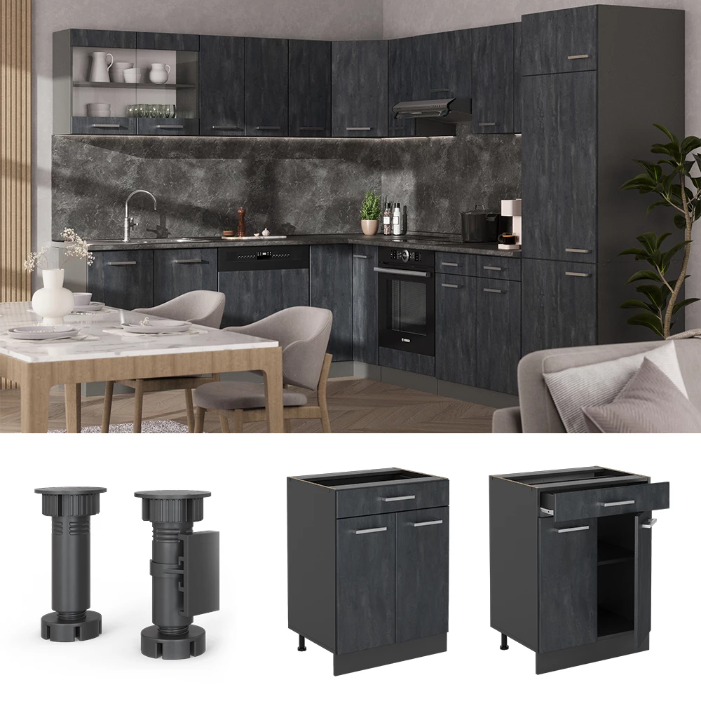 Vicco Schubladenschrank Schwarz Beton 60 cm mit Schublade, ohne Arbeitsplatte, R-Line