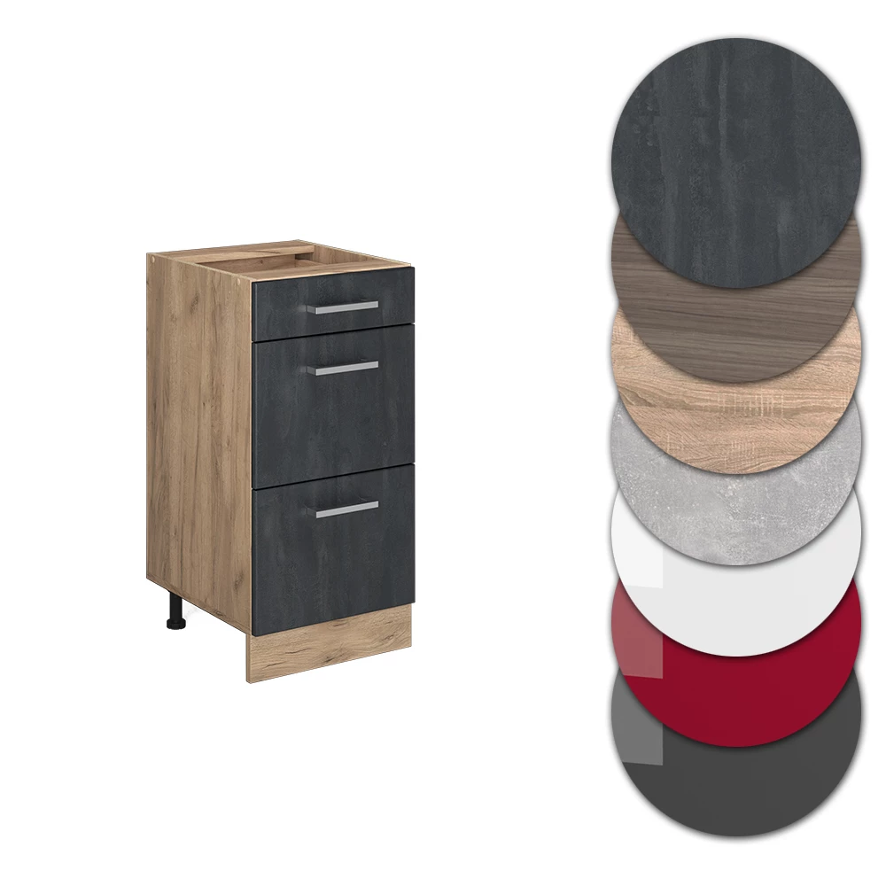 Nahaufnahme von Küchenunterschrank in Schwarz Beton, zeigt Design- und Oberflächendetails