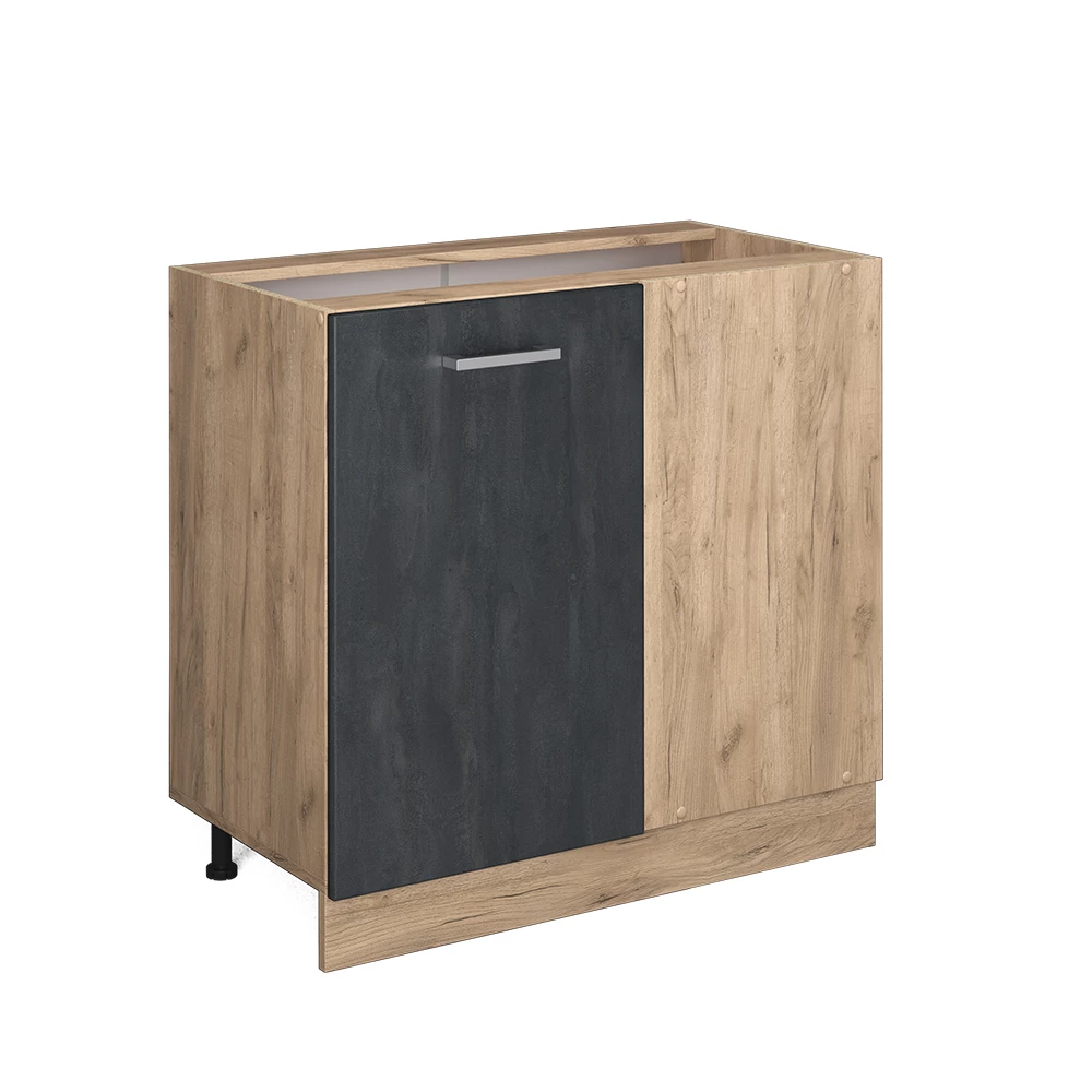 Eckunterschrank in Schwarz Beton auf weißem Hintergrund