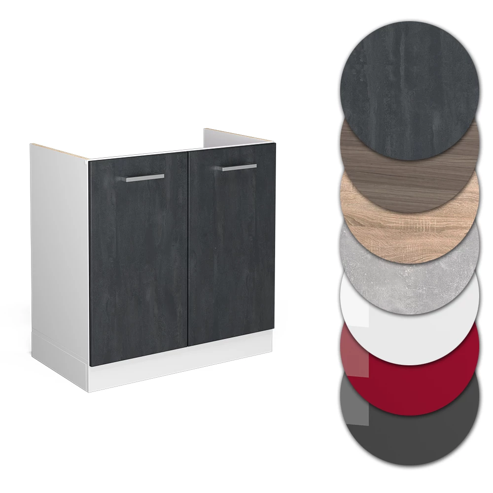 Nahaufnahme von Küchenunterschrank in Schwarz Beton, zeigt Design- und Oberflächendetails