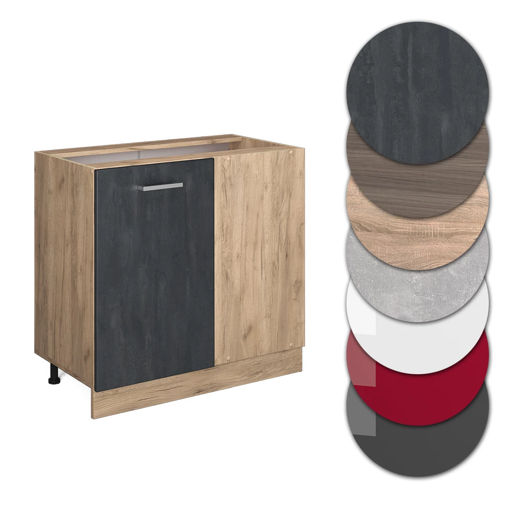 Nahaufnahme von Eckunterschrank in Schwarz Beton, zeigt Design- und Oberflächendetails