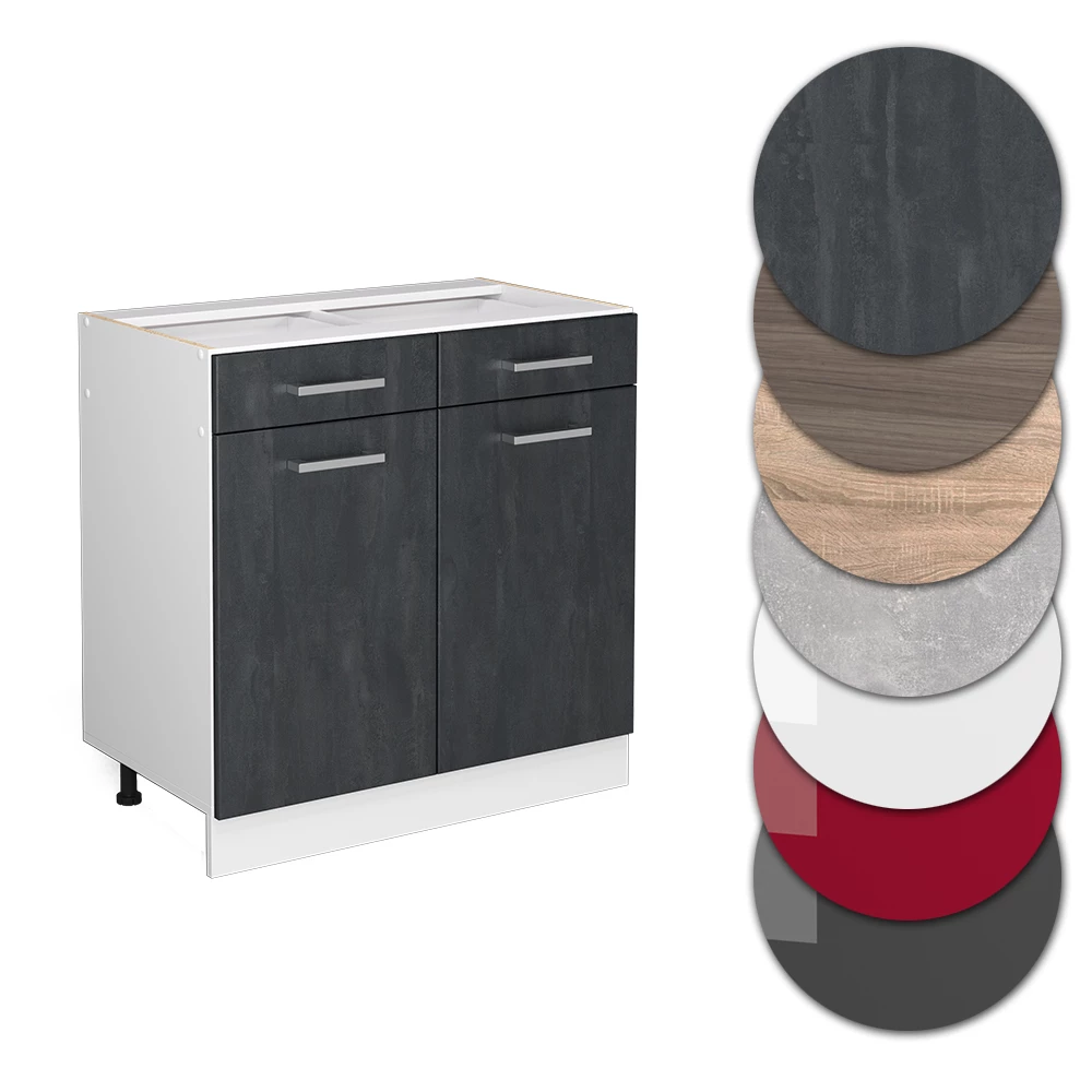 Nahaufnahme von Küchenunterschrank in Schwarz Beton, zeigt Design- und Oberflächendetails