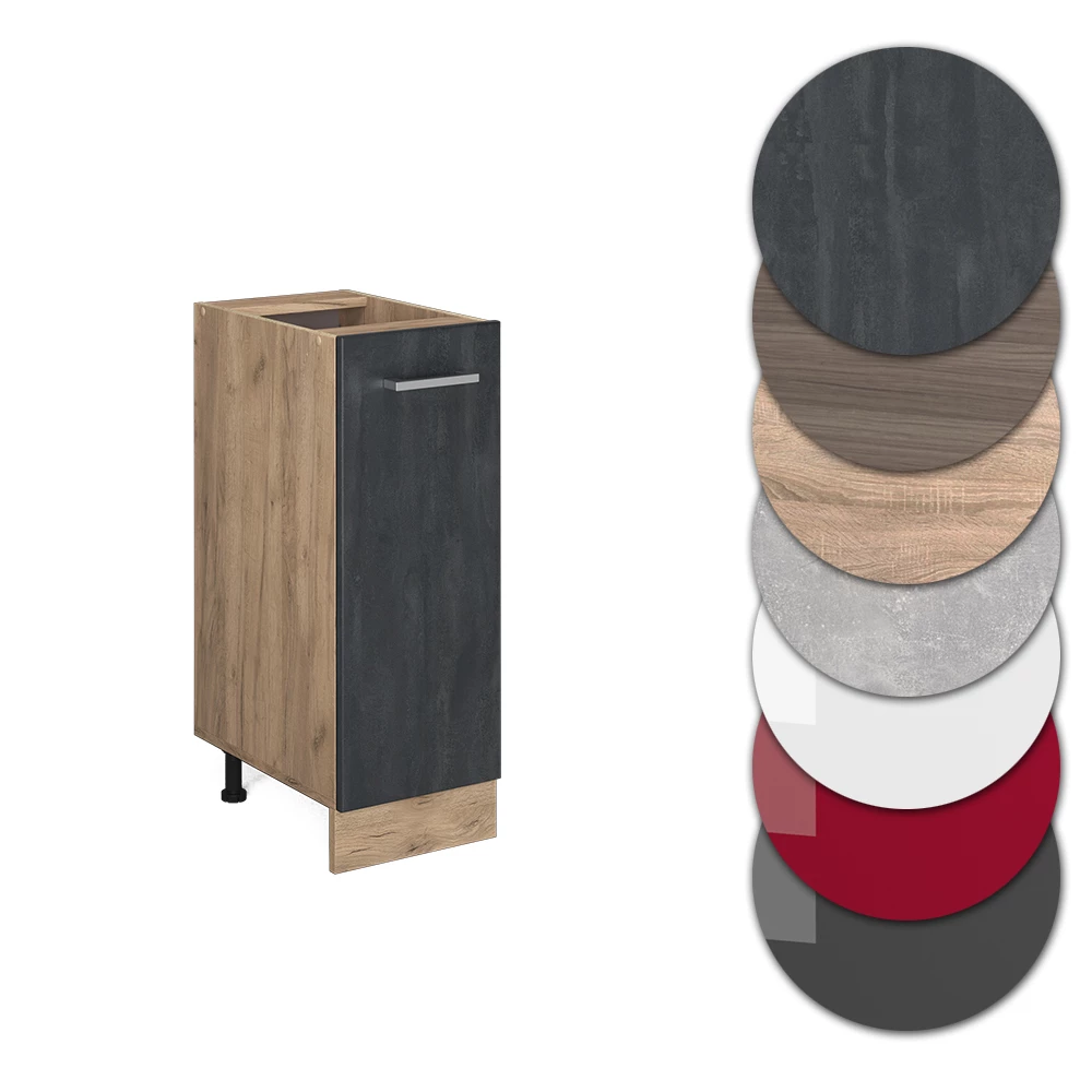 Nahaufnahme von Apothekerschrank in Schwarz Beton, zeigt Design- und Oberflächendetails