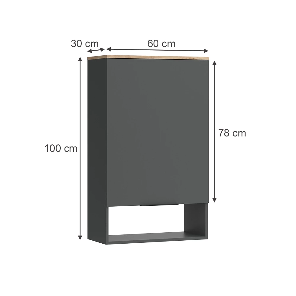 Hängeschrank in Anthrazit auf weißem Hintergrund mit sichtbaren Maßen