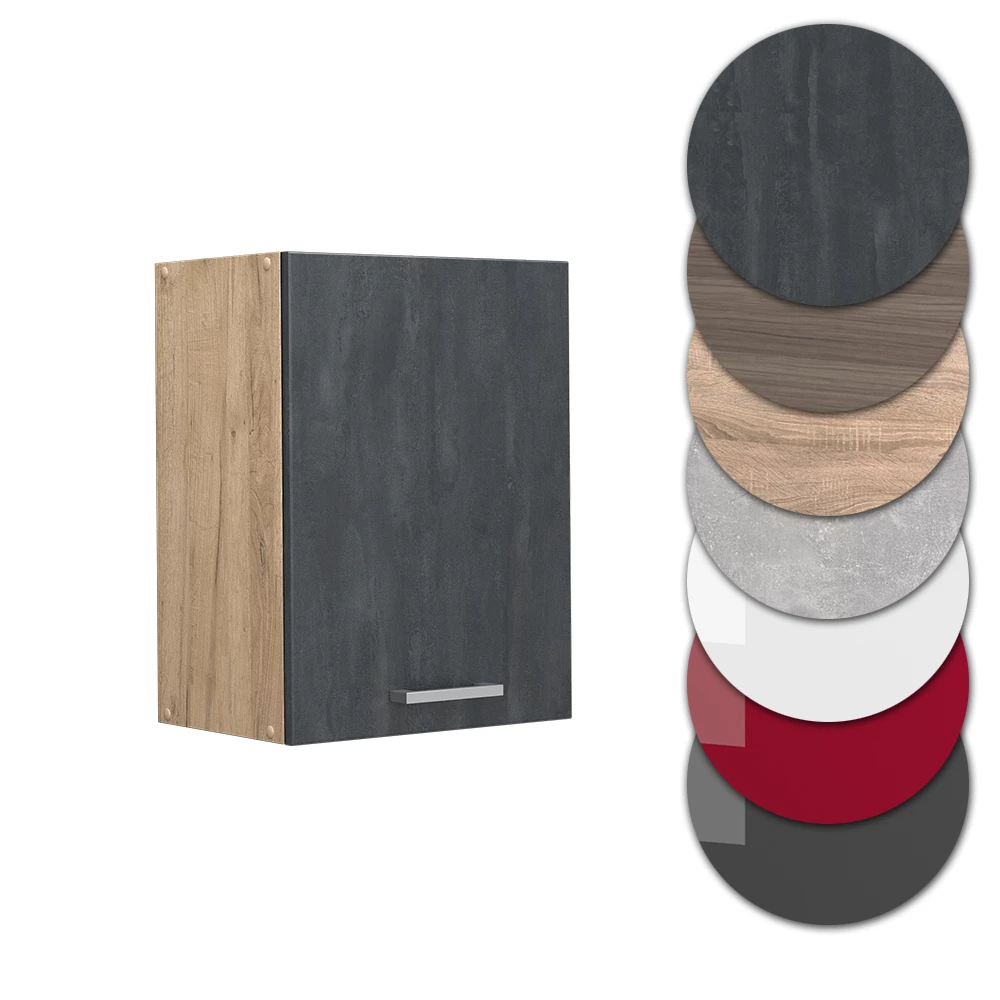 Nahaufnahme von Hängeschrank in Schwarz Beton, zeigt Design- und Oberflächendetails