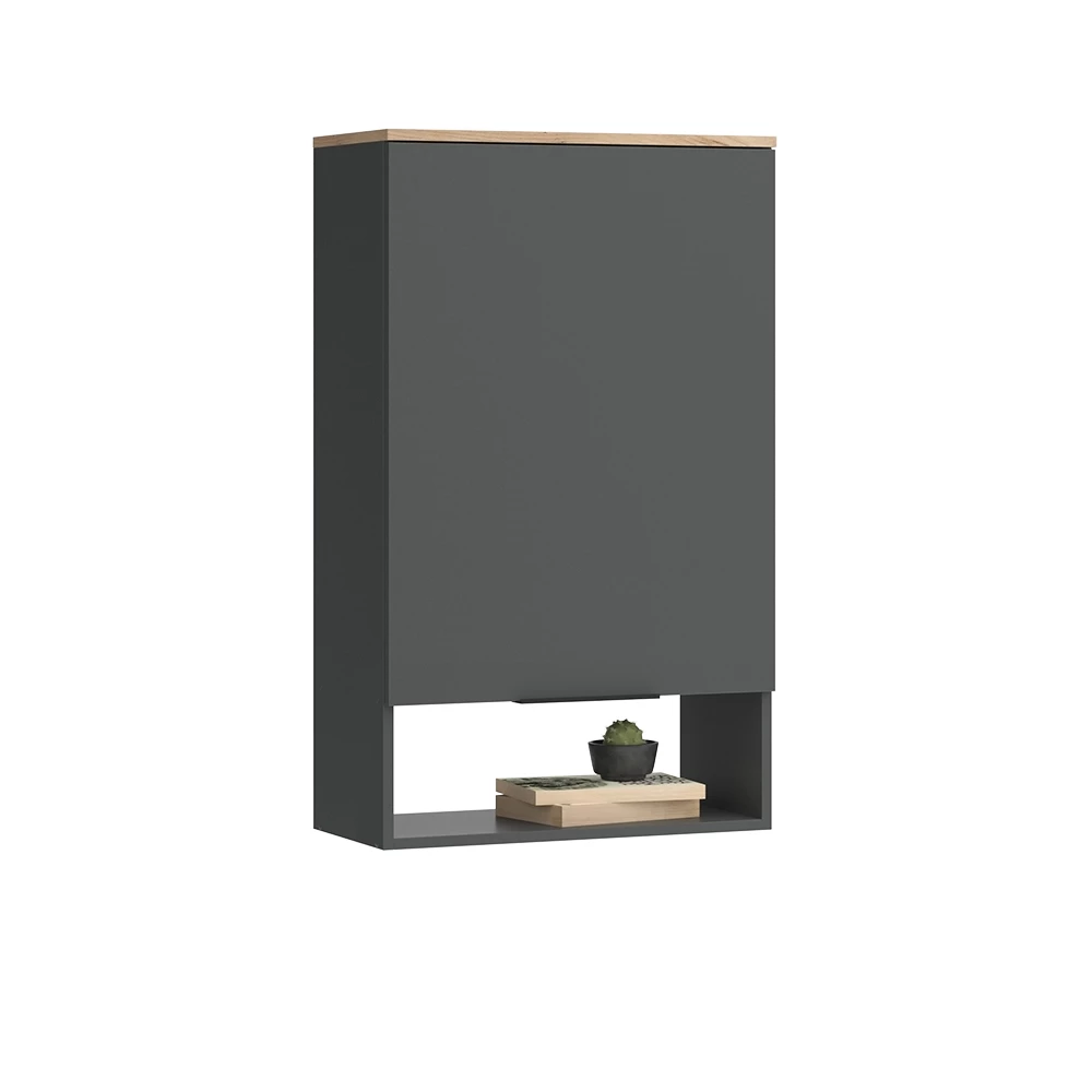 Hängeschrank in Anthrazit auf weißem Hintergrund mit dekorativen Elementen