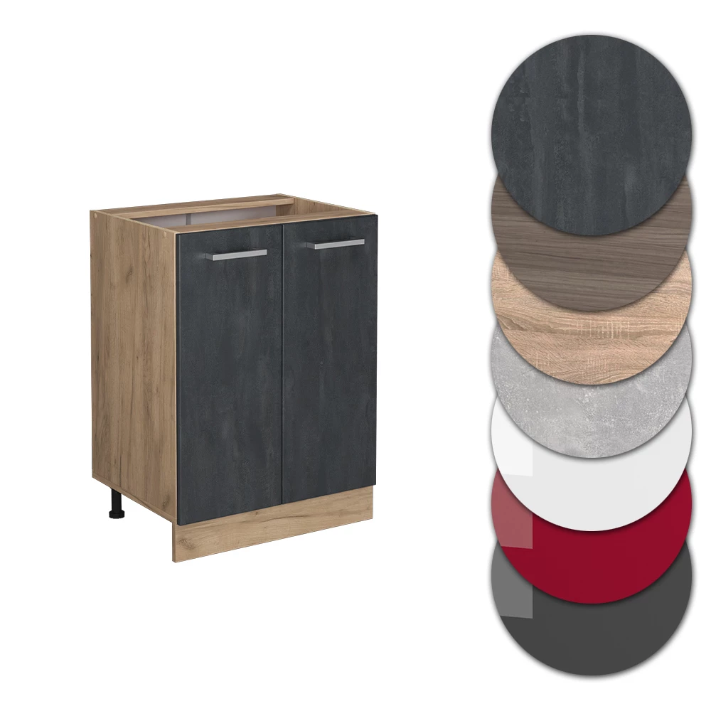 Nahaufnahme von Küchenunterschrank in Schwarz Beton, zeigt Design- und Oberflächendetails