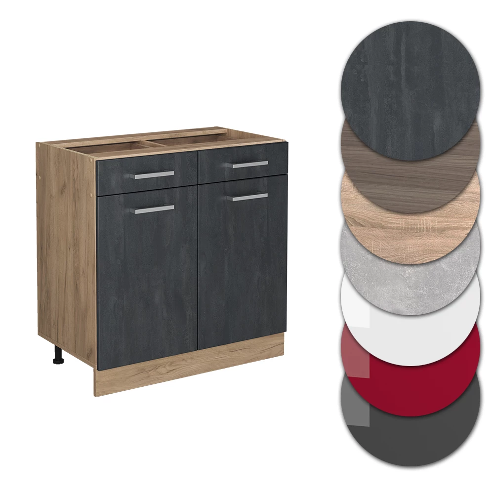 Nahaufnahme von Küchenunterschrank in Schwarz Beton, zeigt Design- und Oberflächendetails