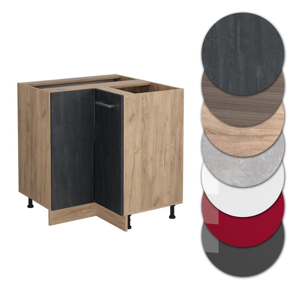 Nahaufnahme von Eckunterschrank in Schwarz Beton, zeigt Design- und Oberflächendetails
