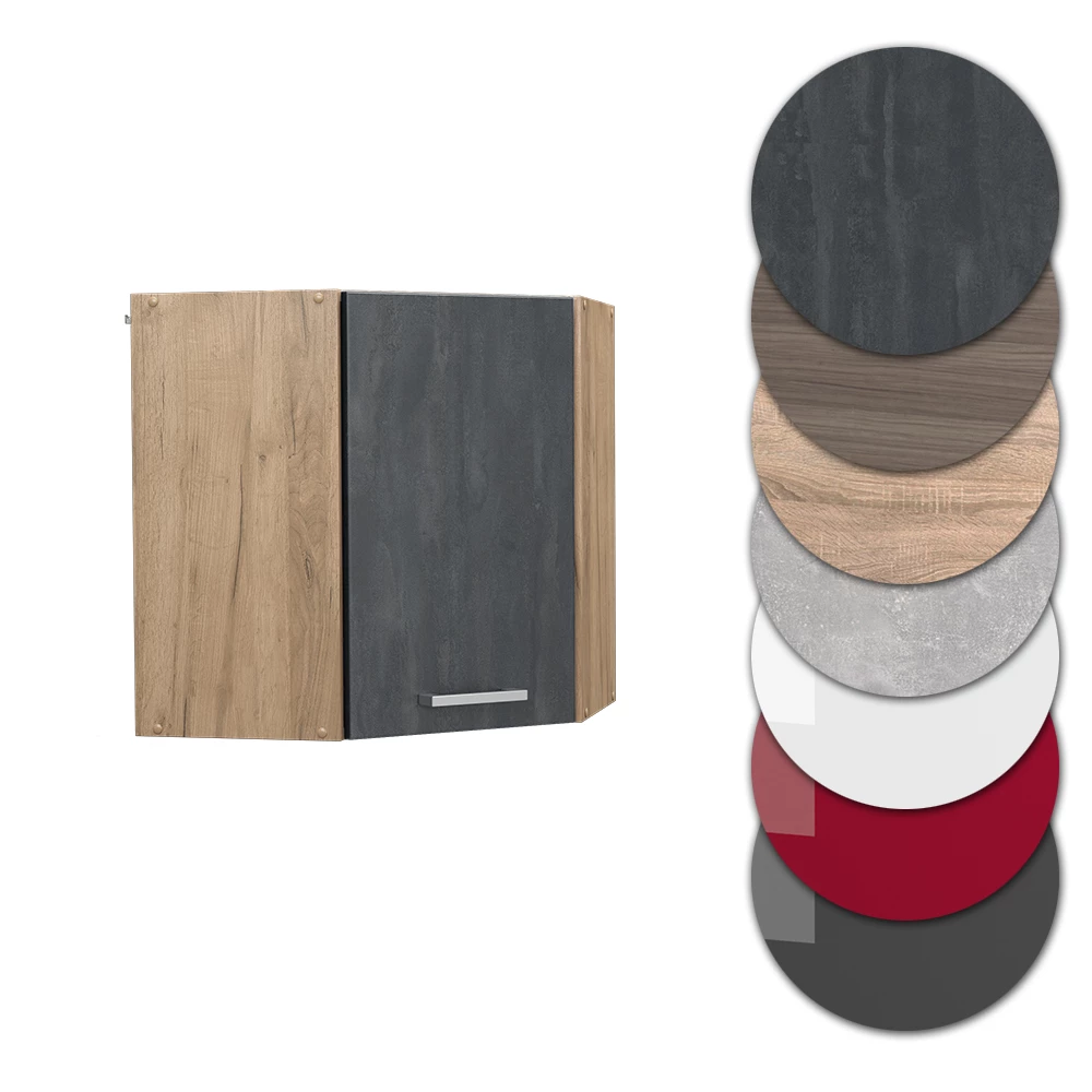 Nahaufnahme von Eckhängeschrank in Schwarz Beton, zeigt Design- und Oberflächendetails