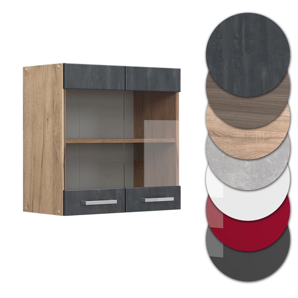 Nahaufnahme von Küchenglasschrank in Schwarz Beton, zeigt Design- und Oberflächendetails