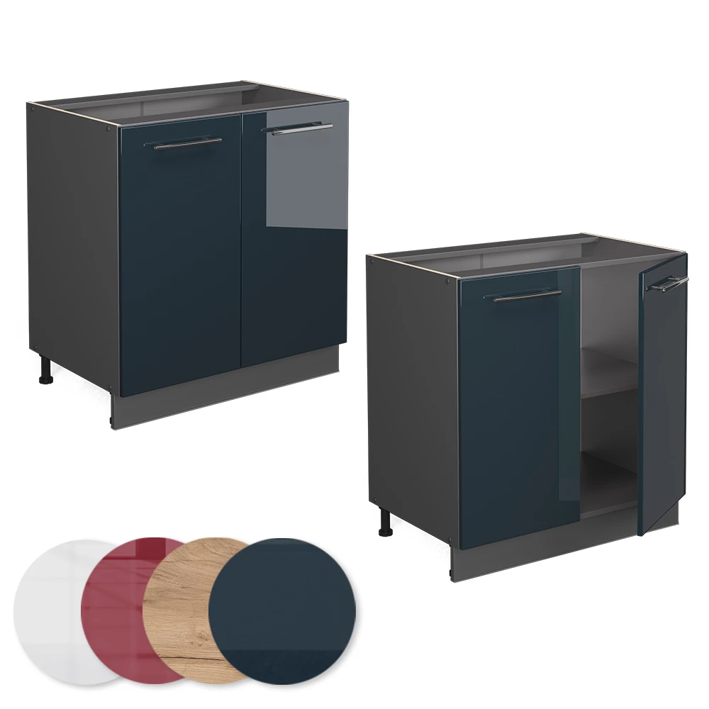 Nahaufnahme von Spülenunterschrank in Dunkelblau Hochglanz, zeigt Design- und Oberflächendetails