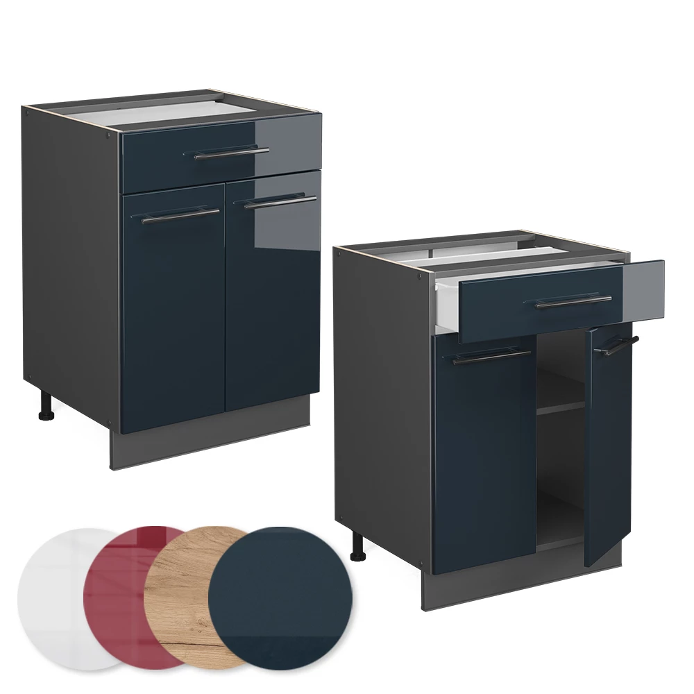 Nahaufnahme von Küchenunterschrank in Dunkelblau Hochglanz, zeigt Design- und Oberflächendetails