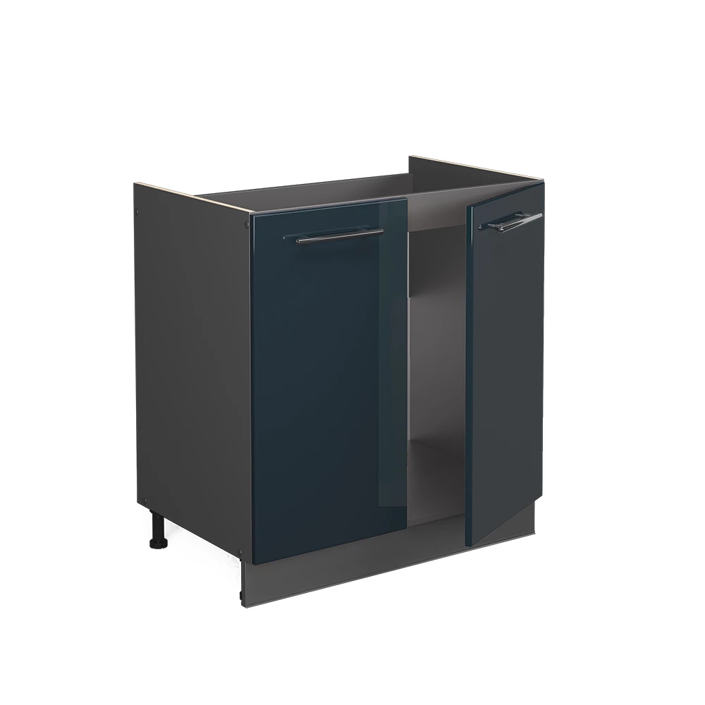 Meuble bas sous-évier en Bleu foncé brillant, présenté dans un décor ambiant et sur fond blanc