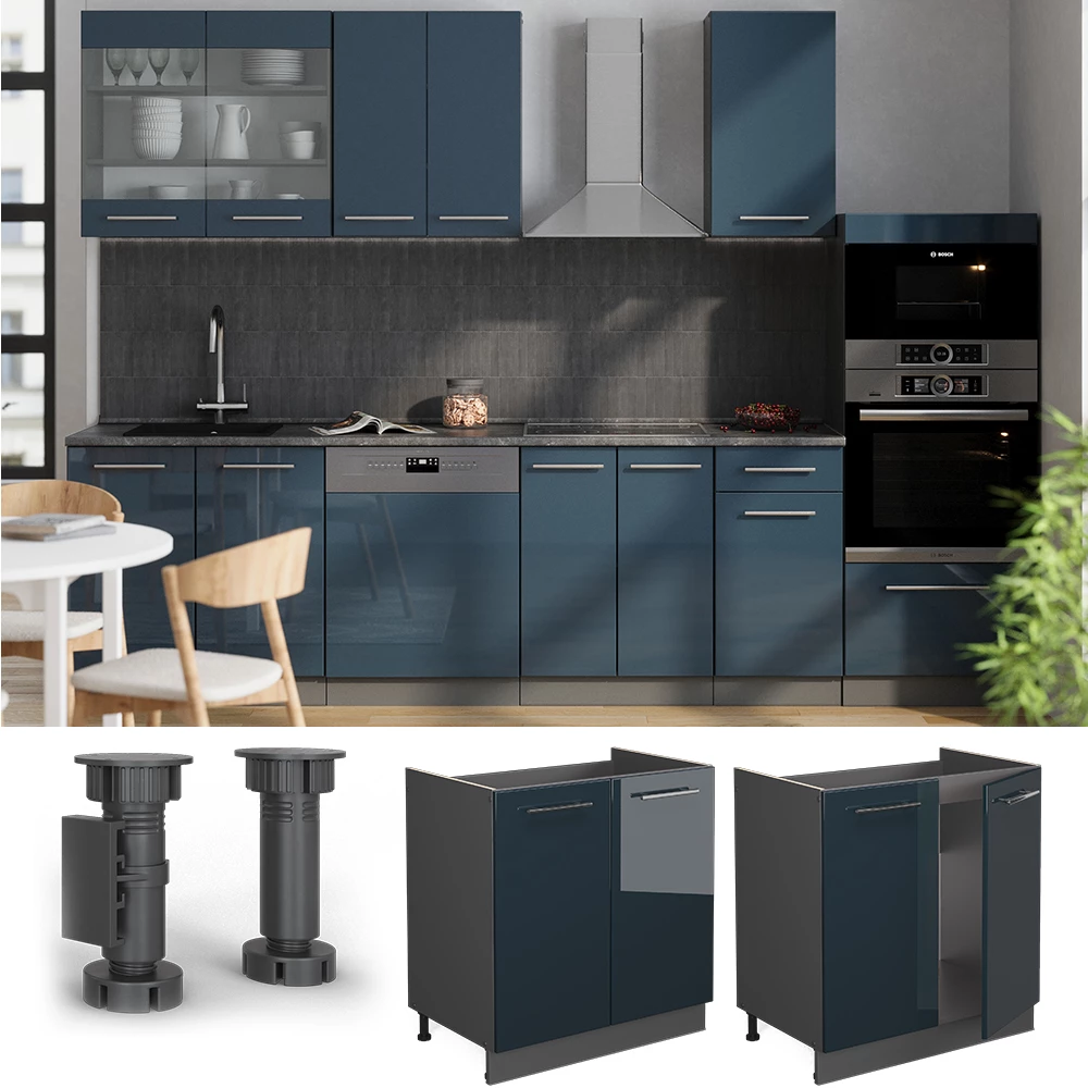 Meuble bas sous-évier en Bleu foncé brillant, présenté dans un décor ambiant avec décoration
