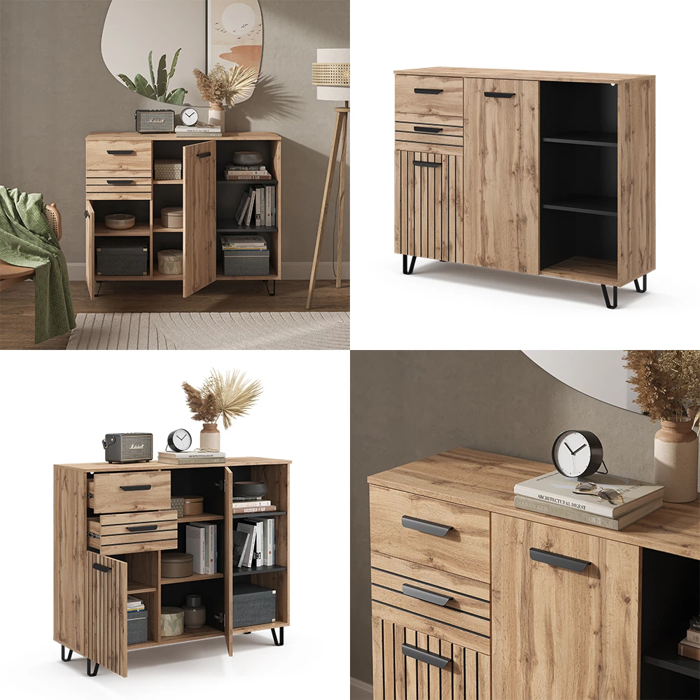 Kommode in Braun auf weißem Hintergrund mit dekorativen Elementen