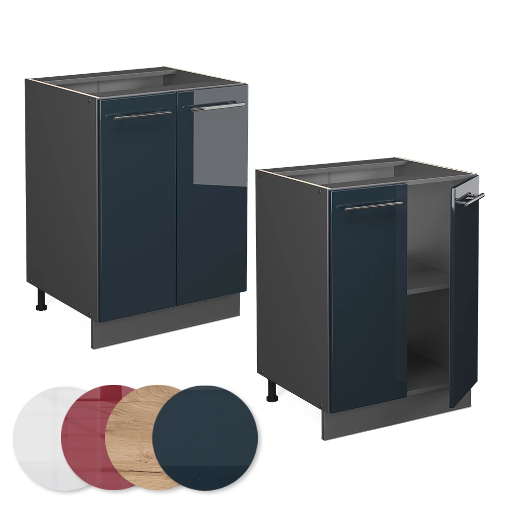 Nahaufnahme von Küchenunterschrank in Dunkelblau Hochglanz, zeigt Design- und Oberflächendetails