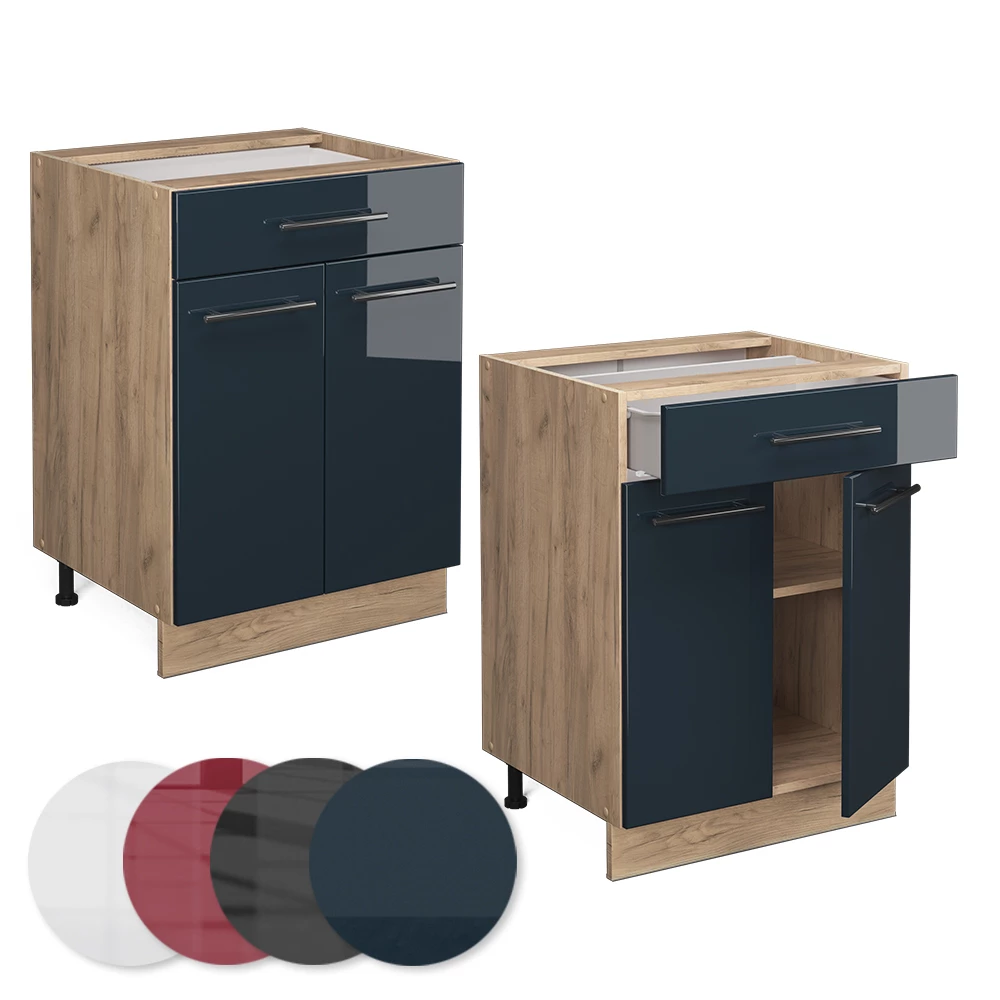 Nahaufnahme von Küchenunterschrank in Dunkelblau Hochglanz, zeigt Design- und Oberflächendetails