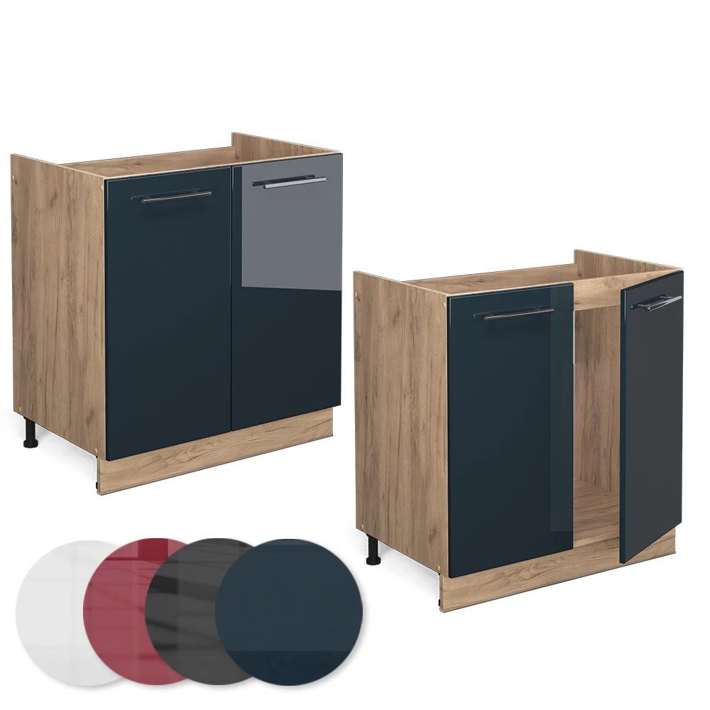 Nahaufnahme von Spülenunterschrank in Dunkelblau Hochglanz, zeigt Design- und Oberflächendetails
