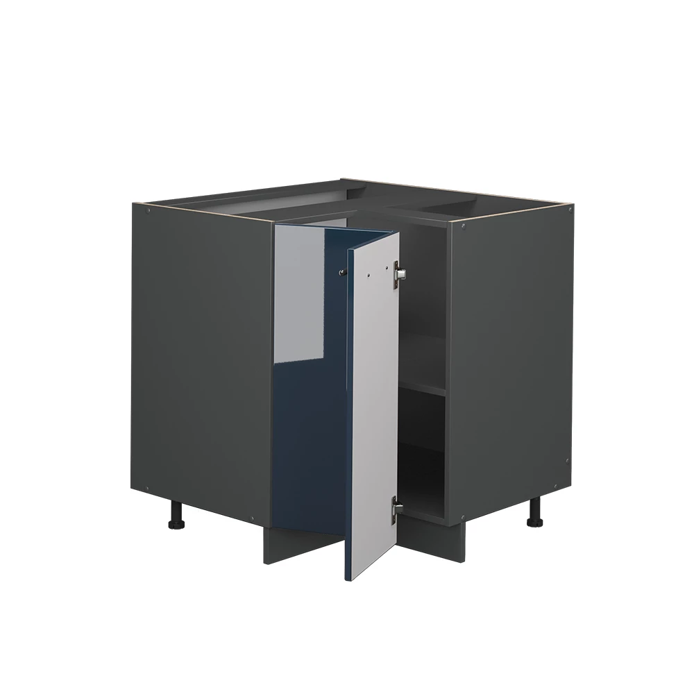 Eckunterschrank in Dunkelblau Hochglanz, dargestellt im Ambiente und auf weißem Hintergrund