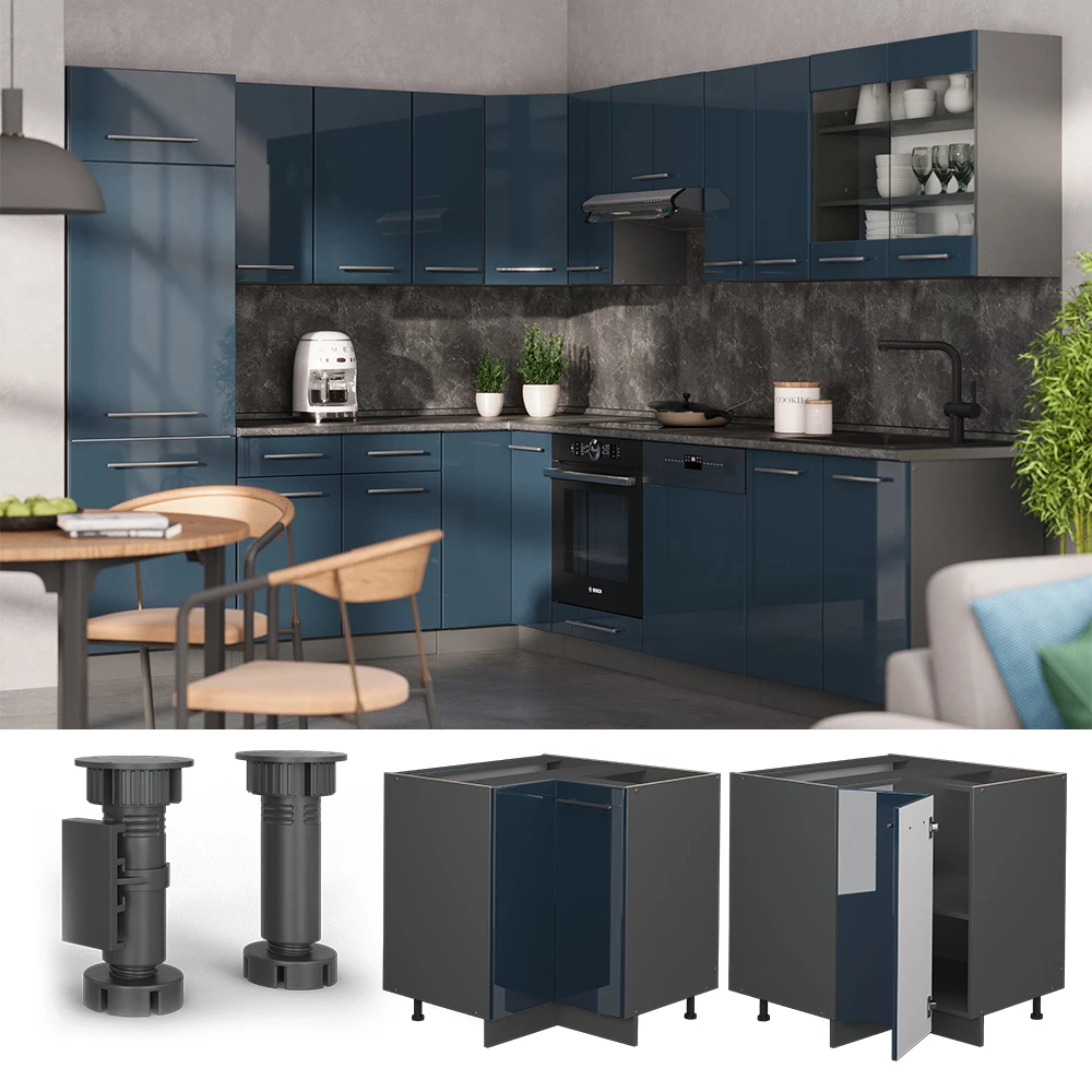 Eckunterschrank in Dunkelblau Hochglanz, dargestellt im Ambiente mit Dekoration