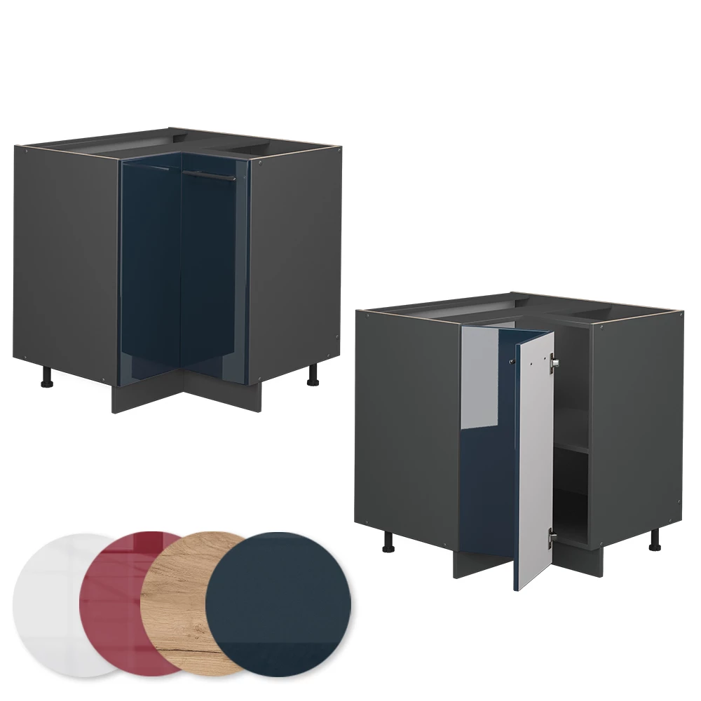 Nahaufnahme von Eckunterschrank in Dunkelblau Hochglanz, zeigt Design- und Oberflächendetails