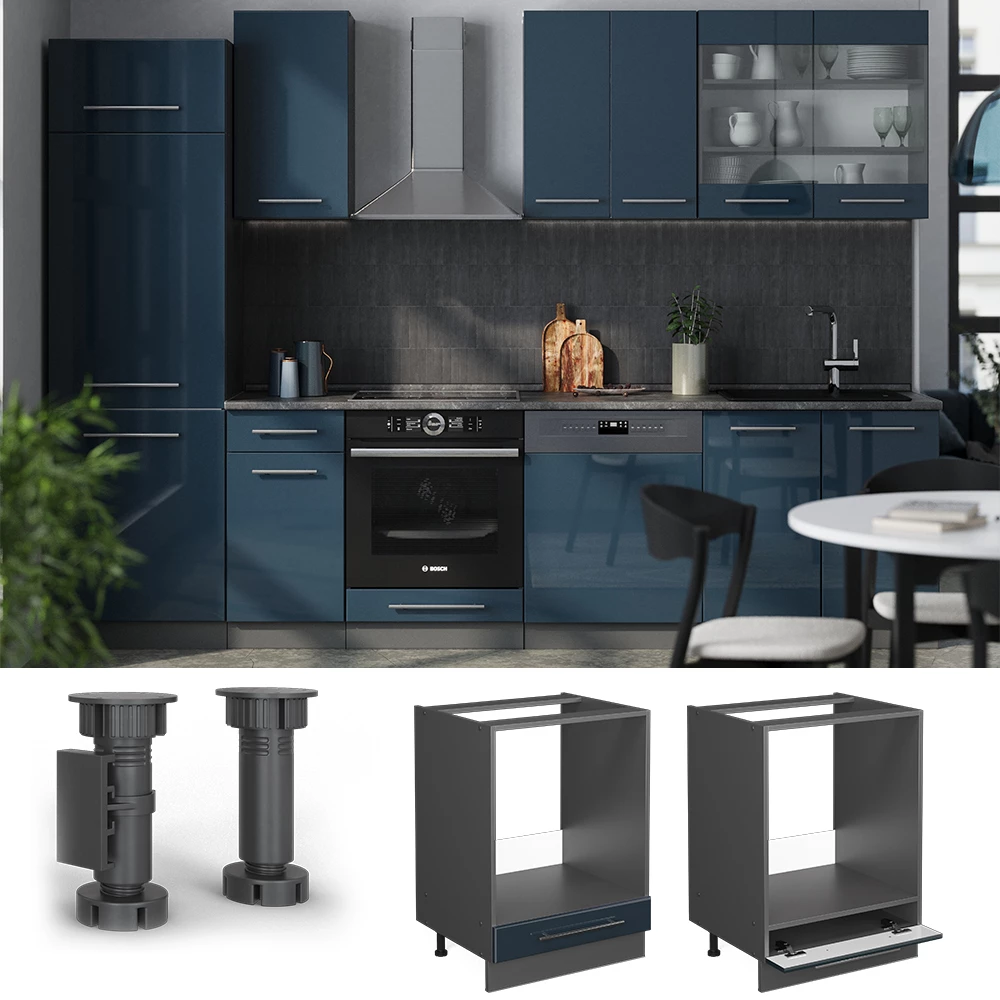 Vicco Kitchen cabinets Dark blue high gloss 60 cm , WT Marble, Fame-Line