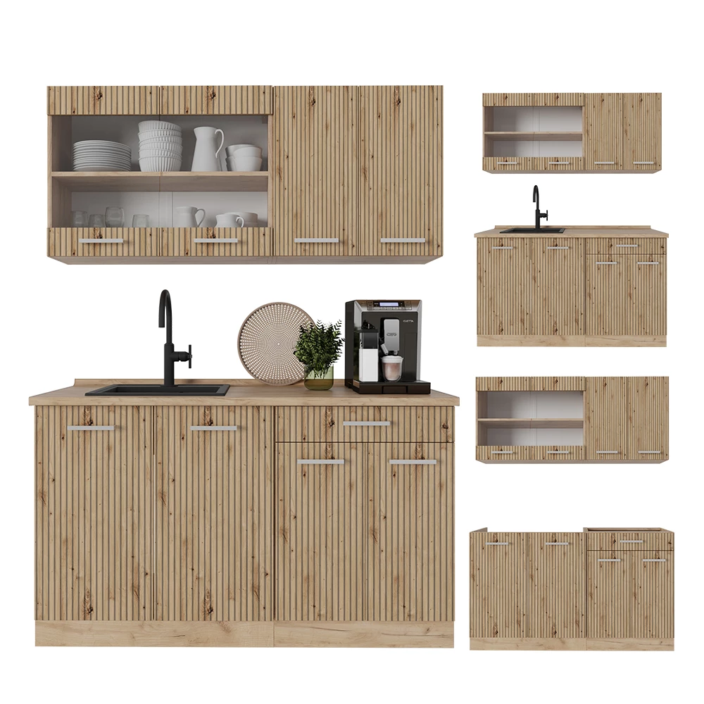 Nahaufnahme von Singleküche in Artisan-Eiche/Goldkraft Eiche, zeigt Design- und Oberflächendetails