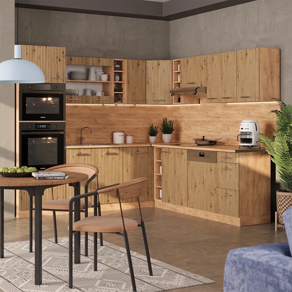 Cucina angolare completa in Rovere artigianale/rovere Goldkraft su sfondo bianco