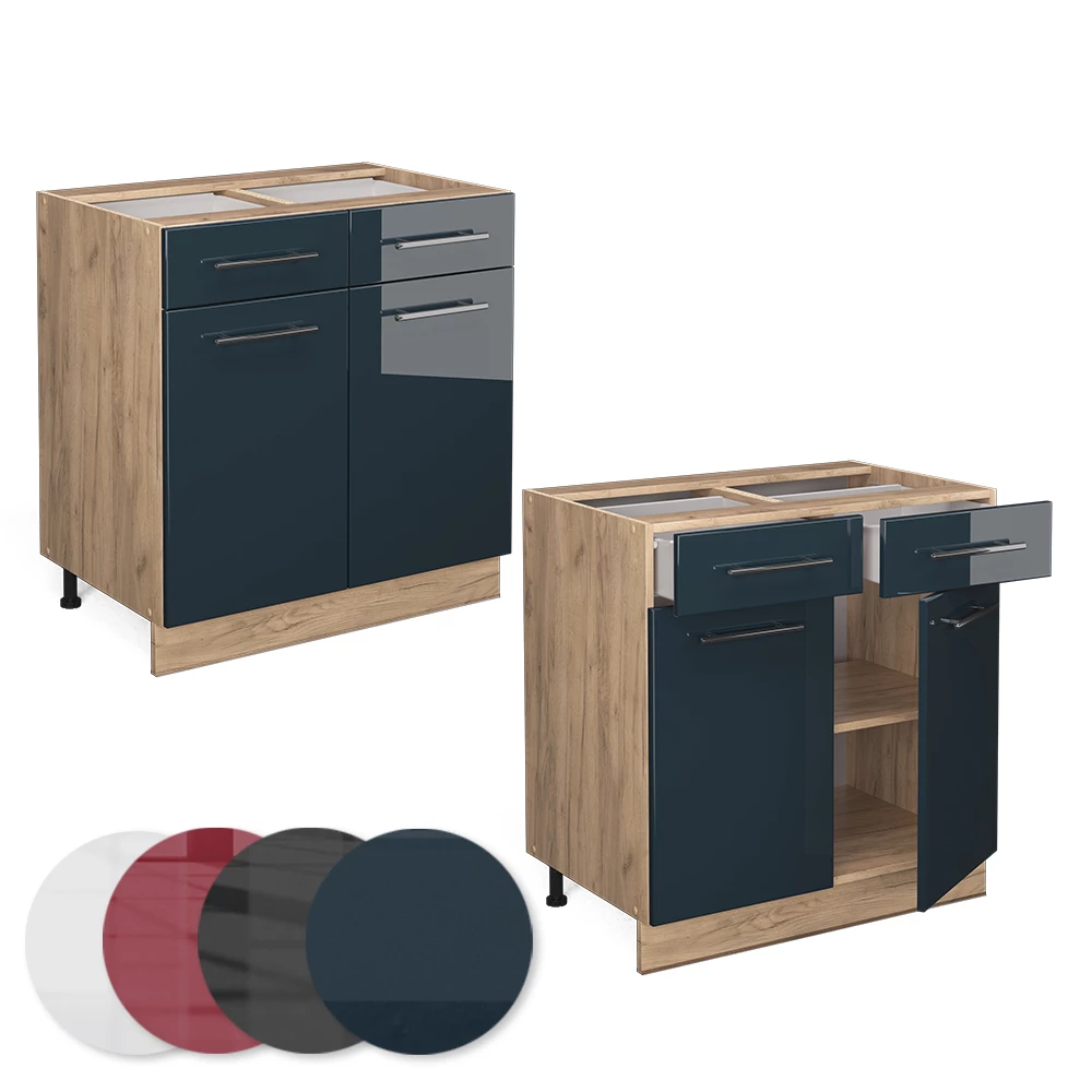 Nahaufnahme von Küchenunterschrank in Dunkelblau Hochglanz, zeigt Design- und Oberflächendetails