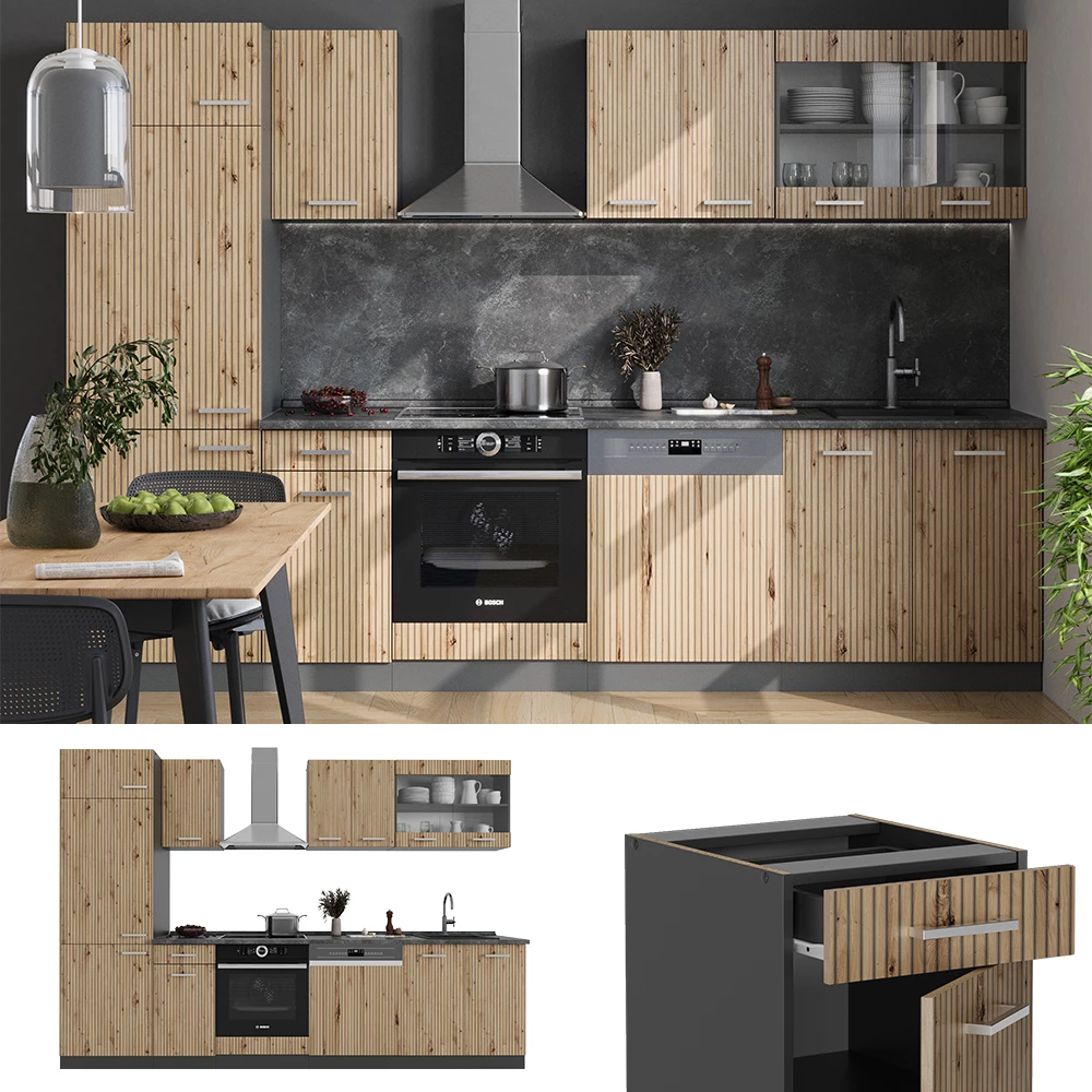 Küchenzeile in Artisan Eiche/Anthrazit, dargestellt im Ambiente und auf weißem Hintergrund