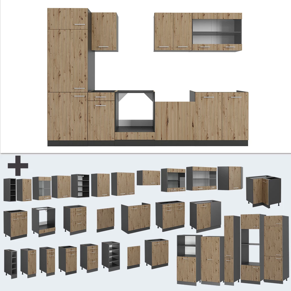 Nahaufnahme von Küchenzeile in Artisan Eiche/Anthrazit, zeigt Design- und Oberflächendetails