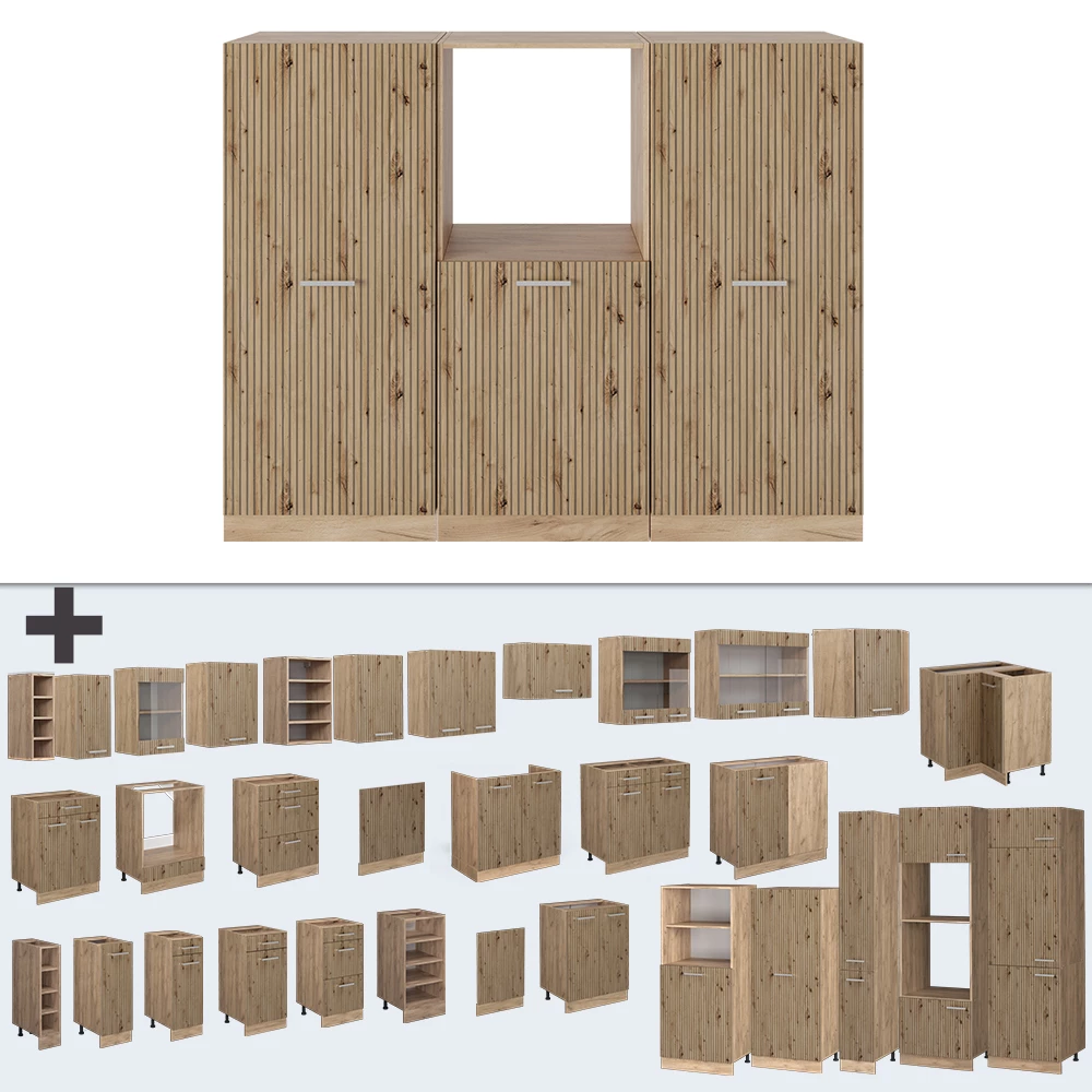 Nahaufnahme von Küchenblock in Artisan-Eiche/Goldkraft Eiche, zeigt Design- und Oberflächendetails