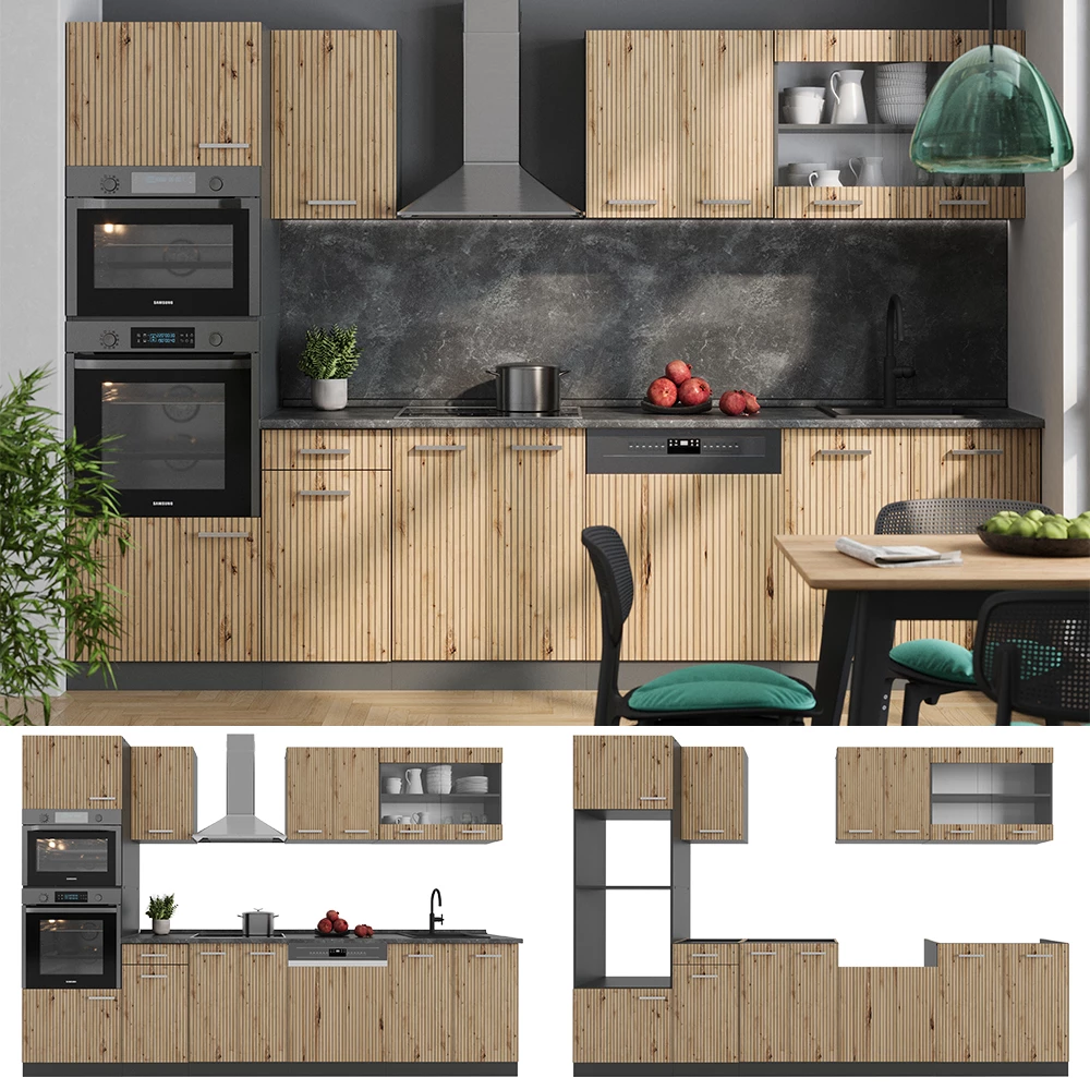 Küchenzeile in Artisan Eiche/Anthrazit, dargestellt im Ambiente und auf weißem Hintergrund