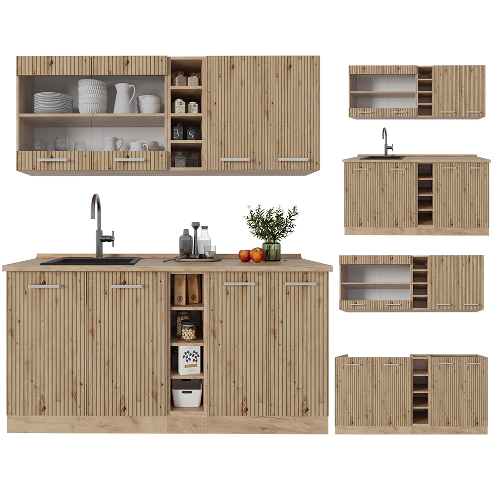 Nahaufnahme von Singleküche in Artisan-Eiche/Goldkraft Eiche, zeigt Design- und Oberflächendetails