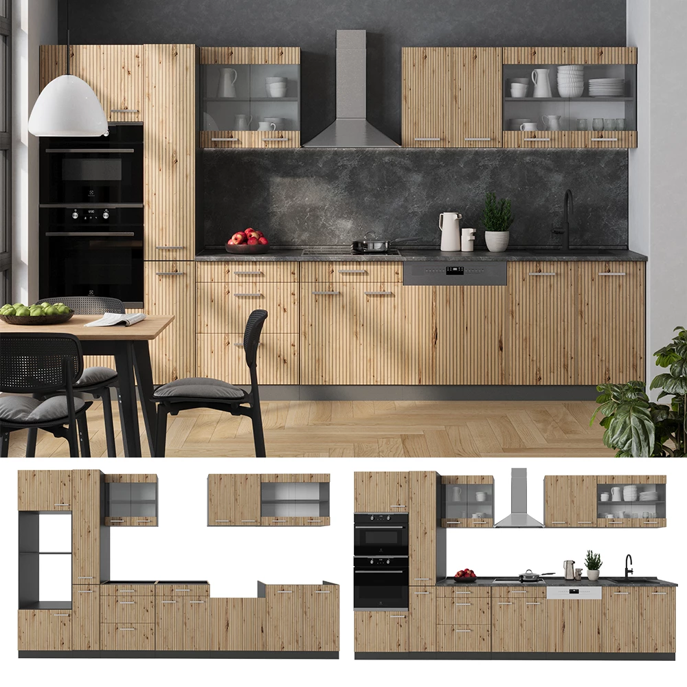 Küchenzeile in Artisan Eiche/Anthrazit, dargestellt im Ambiente und auf weißem Hintergrund