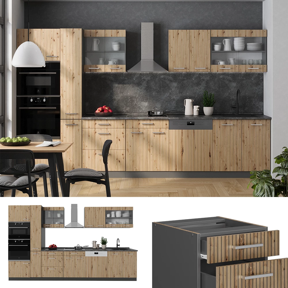 Küchenzeile R-Line Artisan Eiche/Anthrazit 350 cm mit Hochschrank, AP Eiche livinity®
