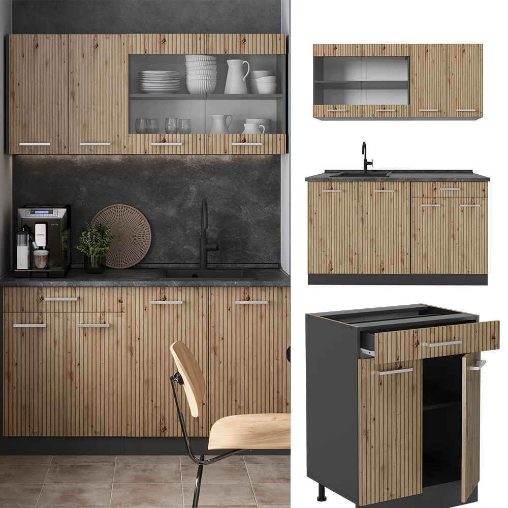 Singleküche in Artisan Eiche/Anthrazit, dargestellt im Ambiente und auf weißem Hintergrund