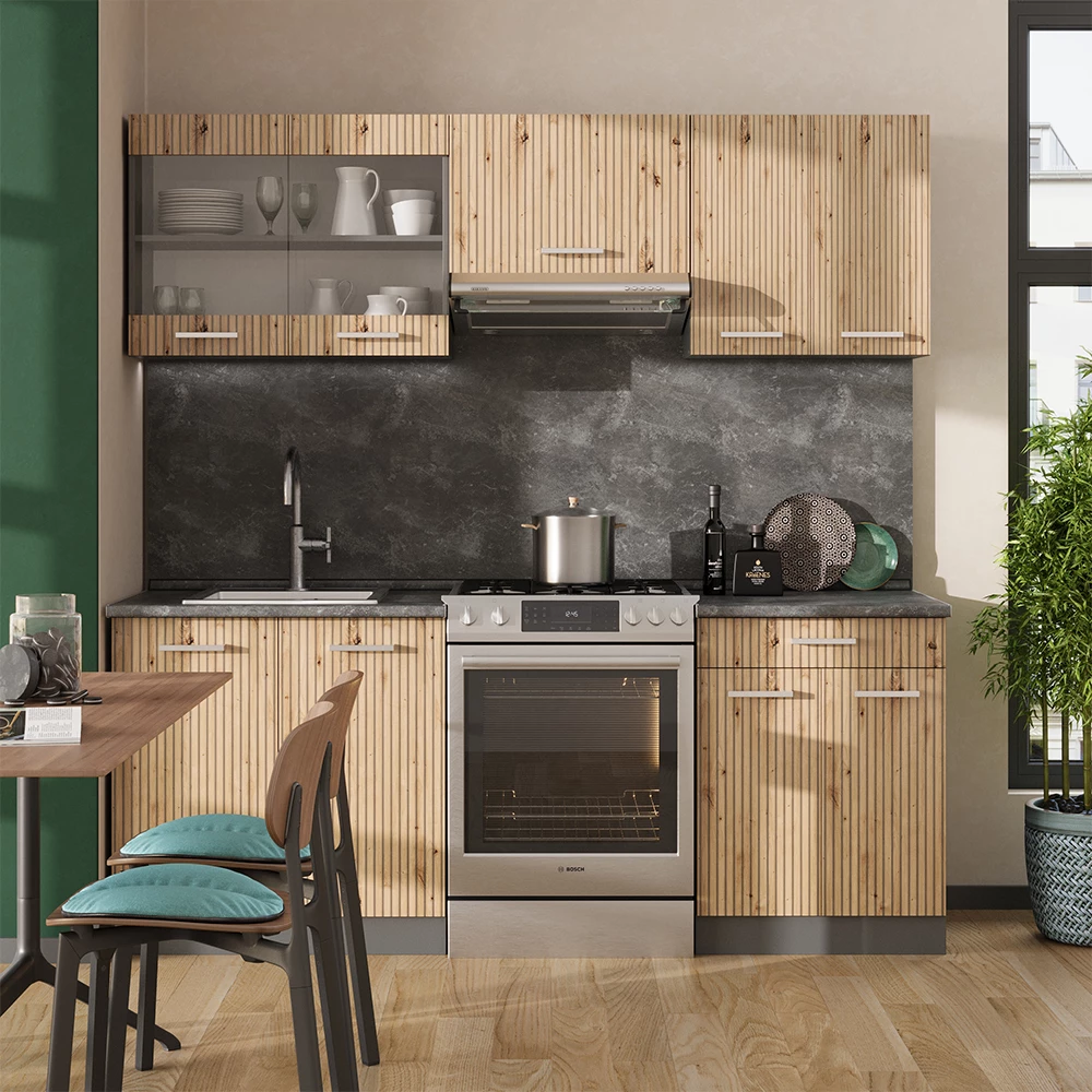 Complete keukeneenheid in Artisanaal eiken/antraciet op een witte achtergrond