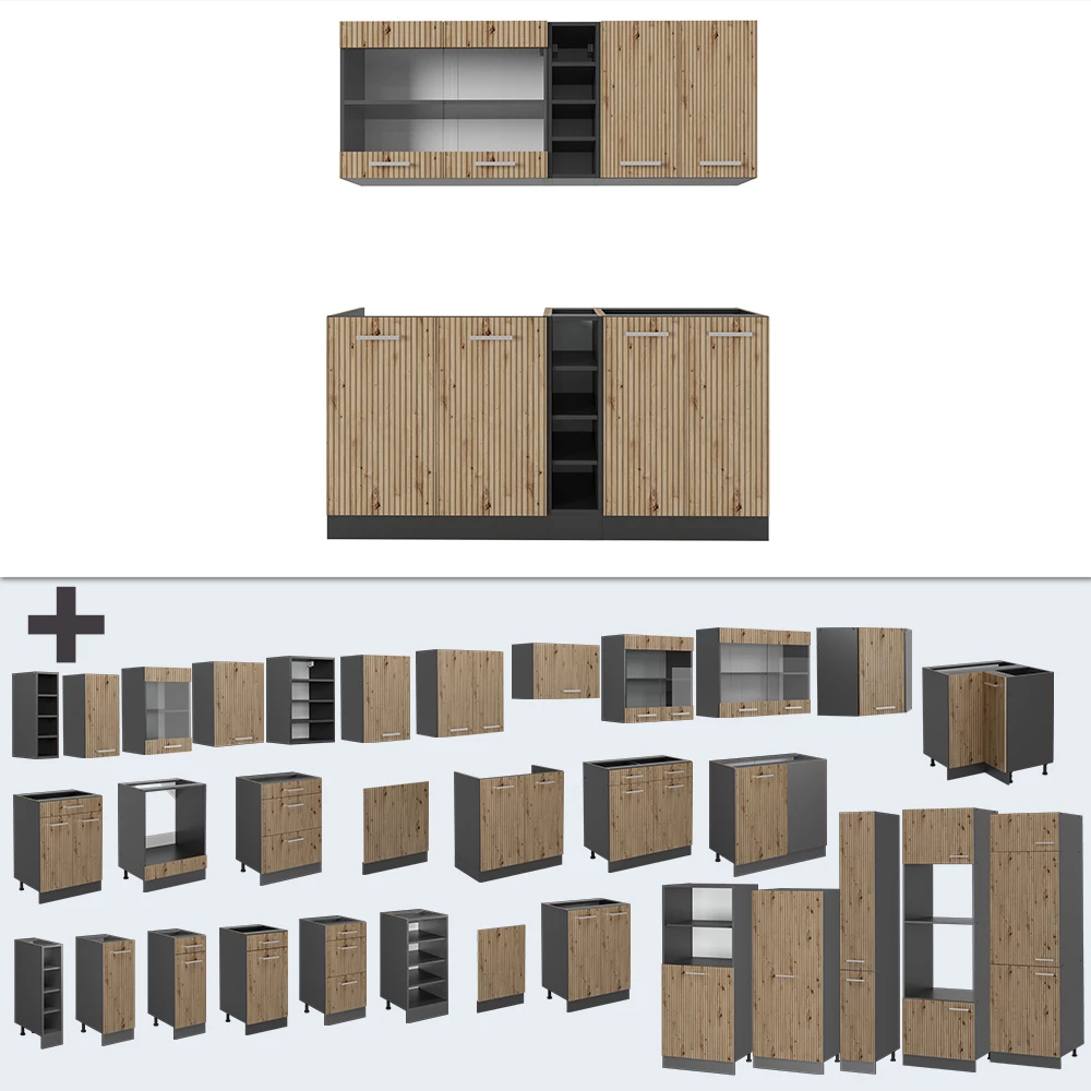 Nahaufnahme von Singleküche in Artisan Eiche/Anthrazit, zeigt Textur/Details