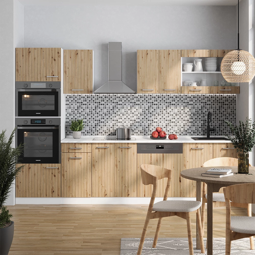 Vicco Aneks kuchenny Dąb rzemieślniczy/biały 300 cm z wysoką szafką, BP Antracyt, R-Line