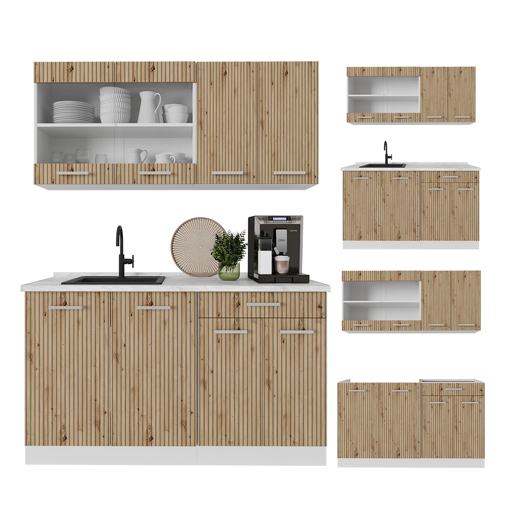 Nahaufnahme von Singleküche in Artisan Eiche/Weiß, zeigt Design- und Oberflächendetails