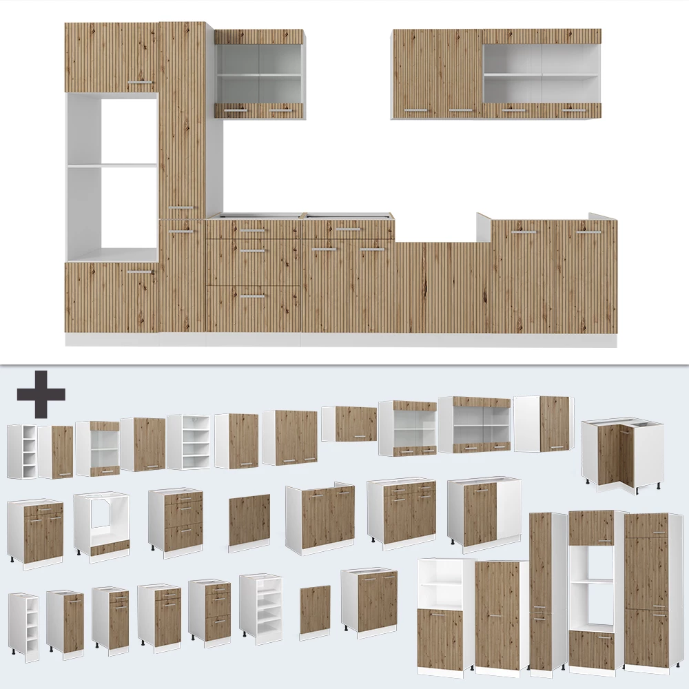 Nahaufnahme von Küchenzeile in Artisan Eiche/Weiß, zeigt Design- und Oberflächendetails