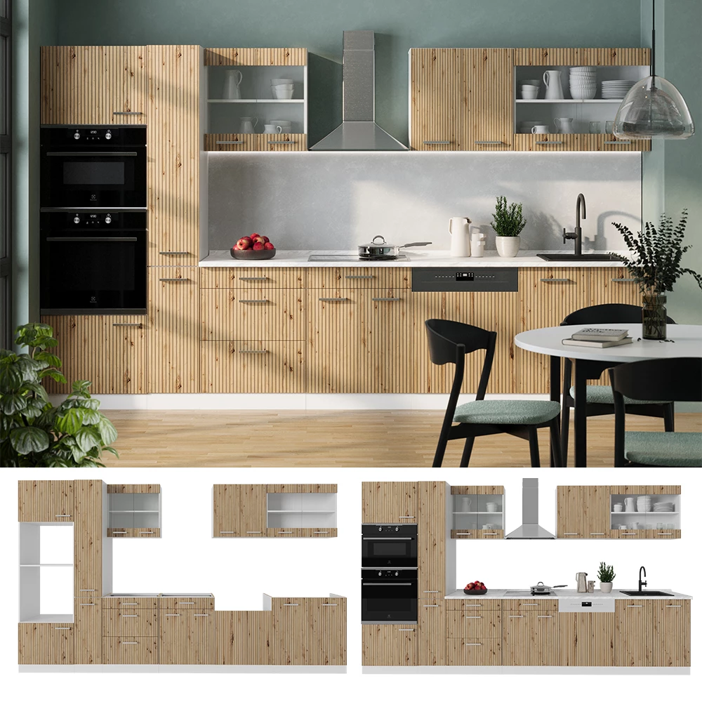 Küchenzeile in Artisan Eiche/Weiß, dargestellt im Ambiente und auf weißem Hintergrund