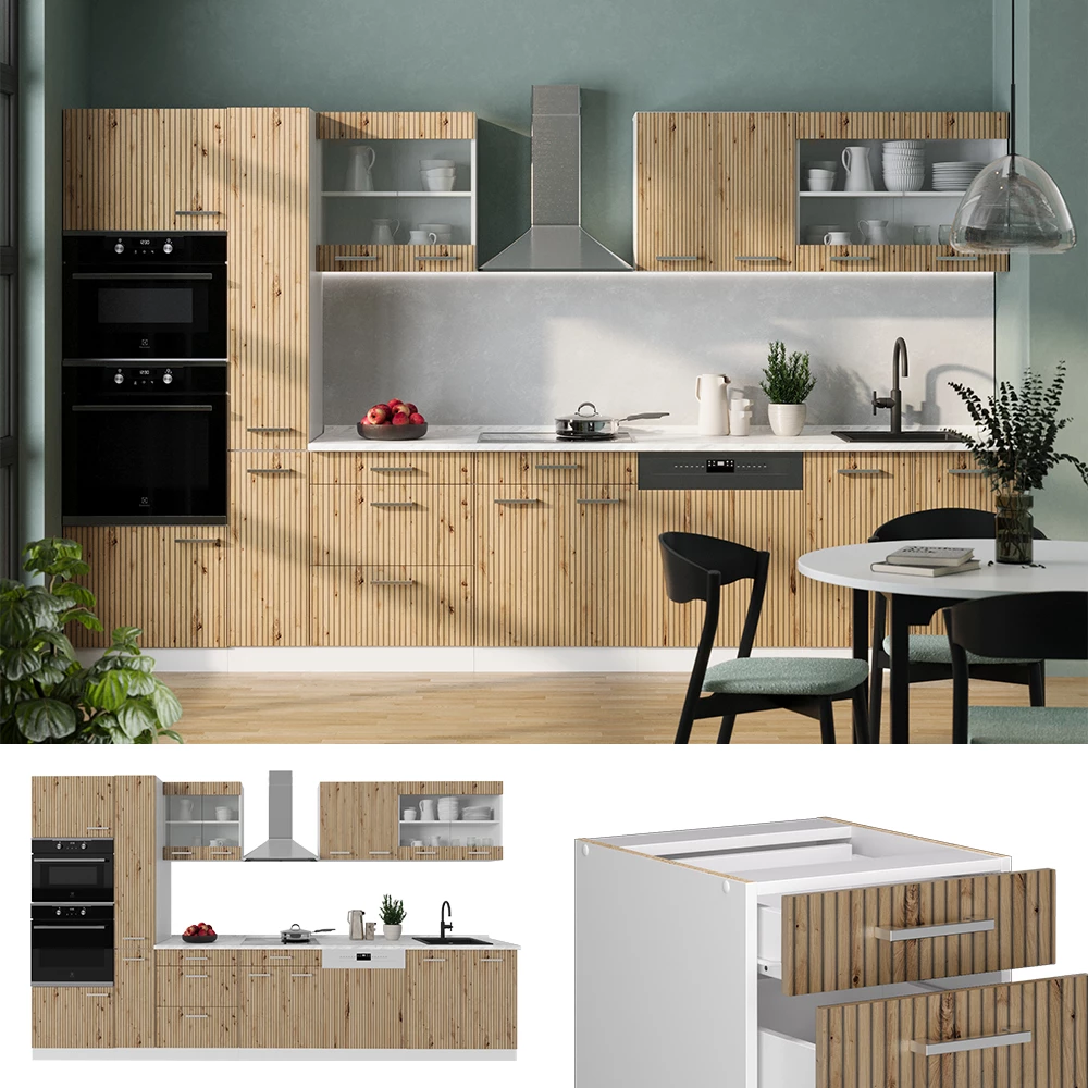 Küchenzeile in Artisan Eiche/Weiß, dargestellt im Ambiente und auf weißem Hintergrund