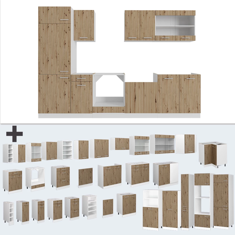 Nahaufnahme von Küchenzeile in Artisan Eiche/Weiß, zeigt Design- und Oberflächendetails