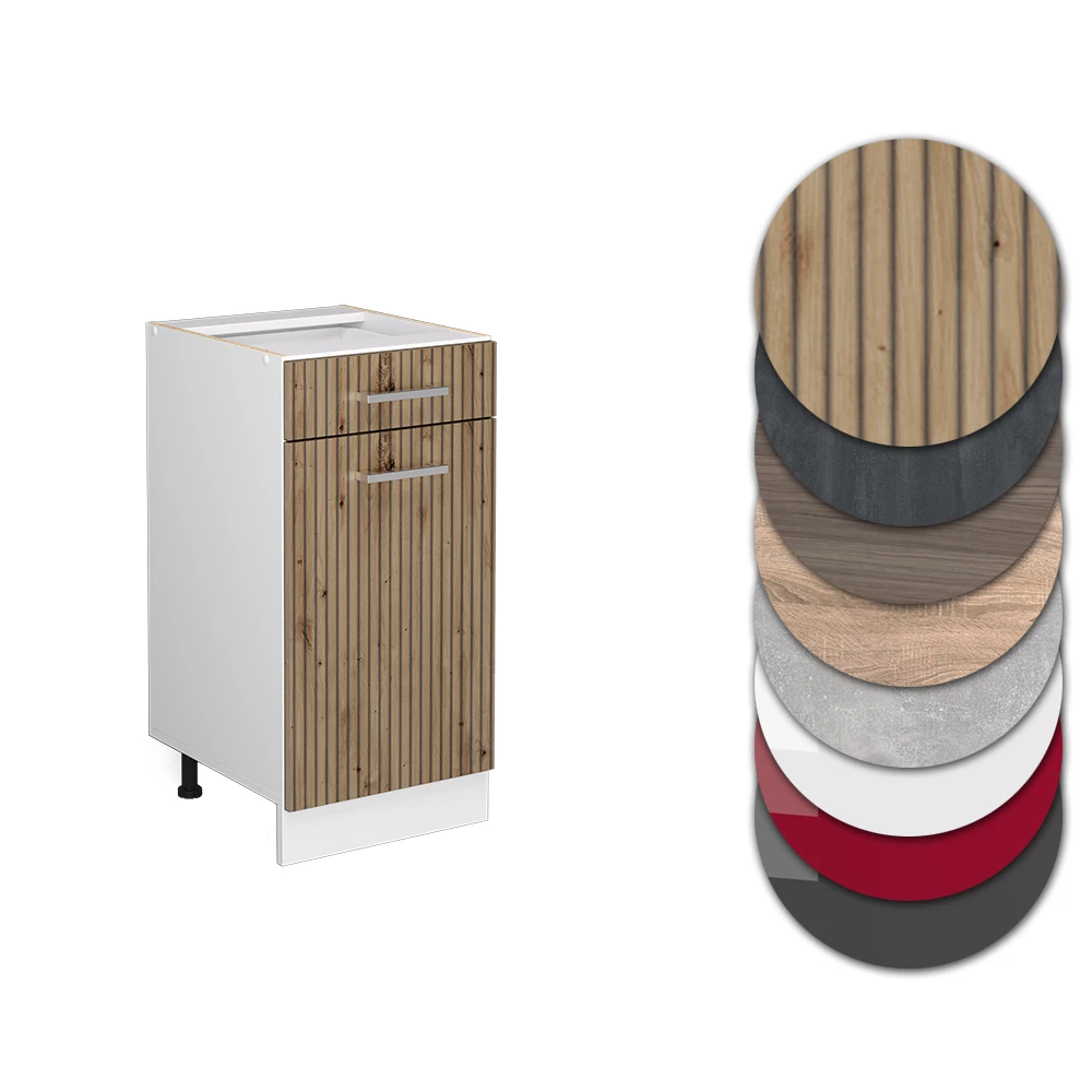Nahaufnahme von Küchenunterschrank in Artisan-Eiche, zeigt Design- und Oberflächendetails