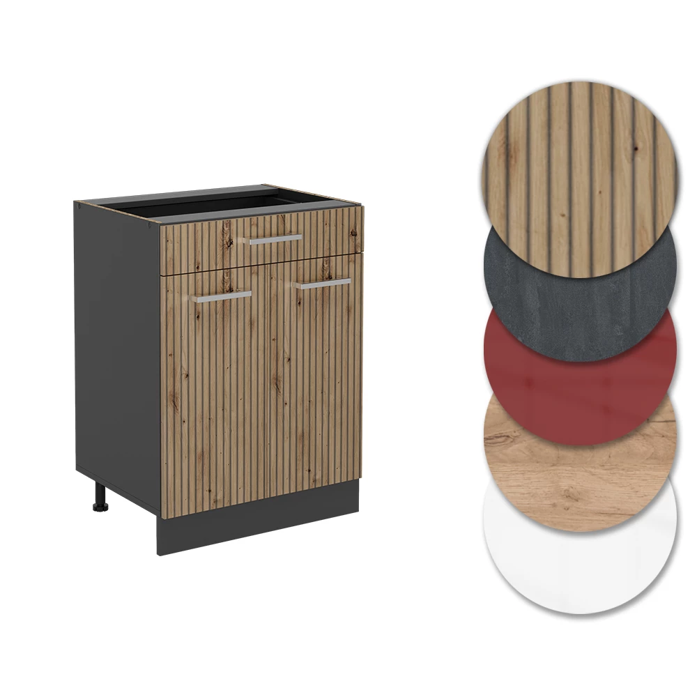 Nahaufnahme von Küchenunterschrank in Artisan-Eiche, zeigt Design- und Oberflächendetails