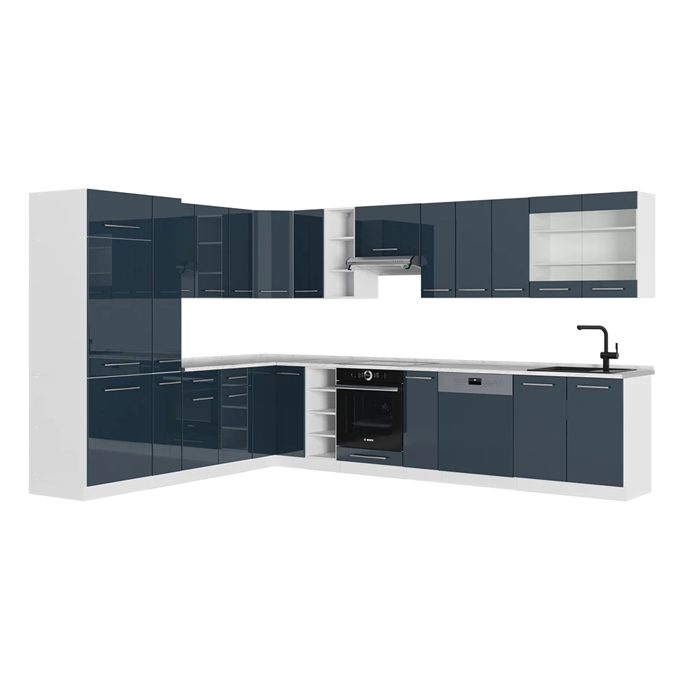 Vicco Cucina angolare completa Blu scuro lucido/bianco 257 x 60 cm senza piano di lavoro, Fame-Line